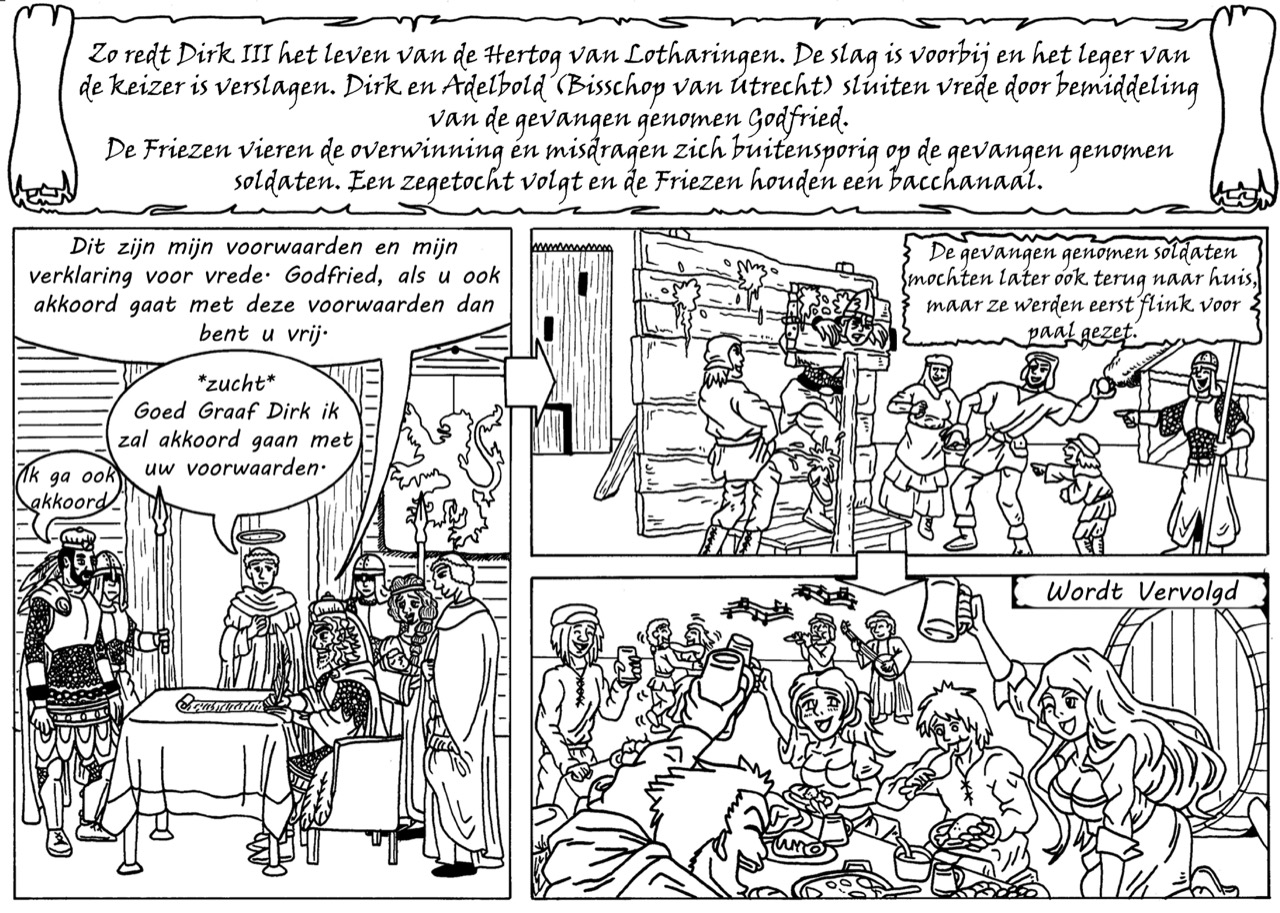 Deel 15 - Dirk III redt het leven van de Hertog van Lotharingen en Dirk sluit vrede met Adebold, de Bisschop van Utrecht . De slag is voorbij, een zegetocht volgt en de Friezen houden een bacchanaal...